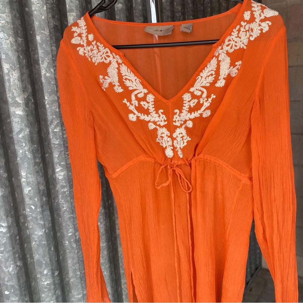 Y2K 100% Silk Orange Embroidered Fairy Blouse Size Small